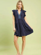 Umgee Coastline Charm Linen Tiered Baby Doll Dress in Navy-Women's Dresses-Shop Z & Joxa