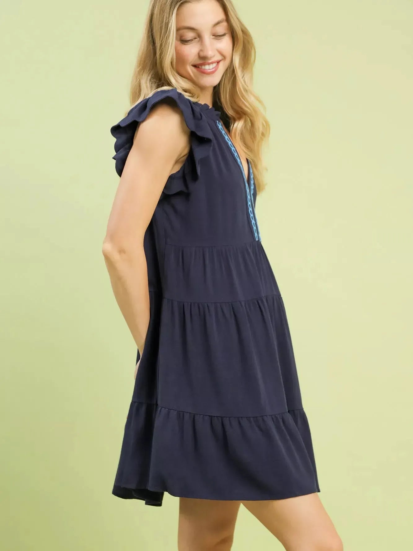 Umgee Coastline Charm Linen Tiered Baby Doll Dress in Navy-Women's Dresses-Shop Z & Joxa