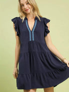 Umgee Coastline Charm Linen Tiered Baby Doll Dress in Navy-Women's Dresses-Shop Z & Joxa