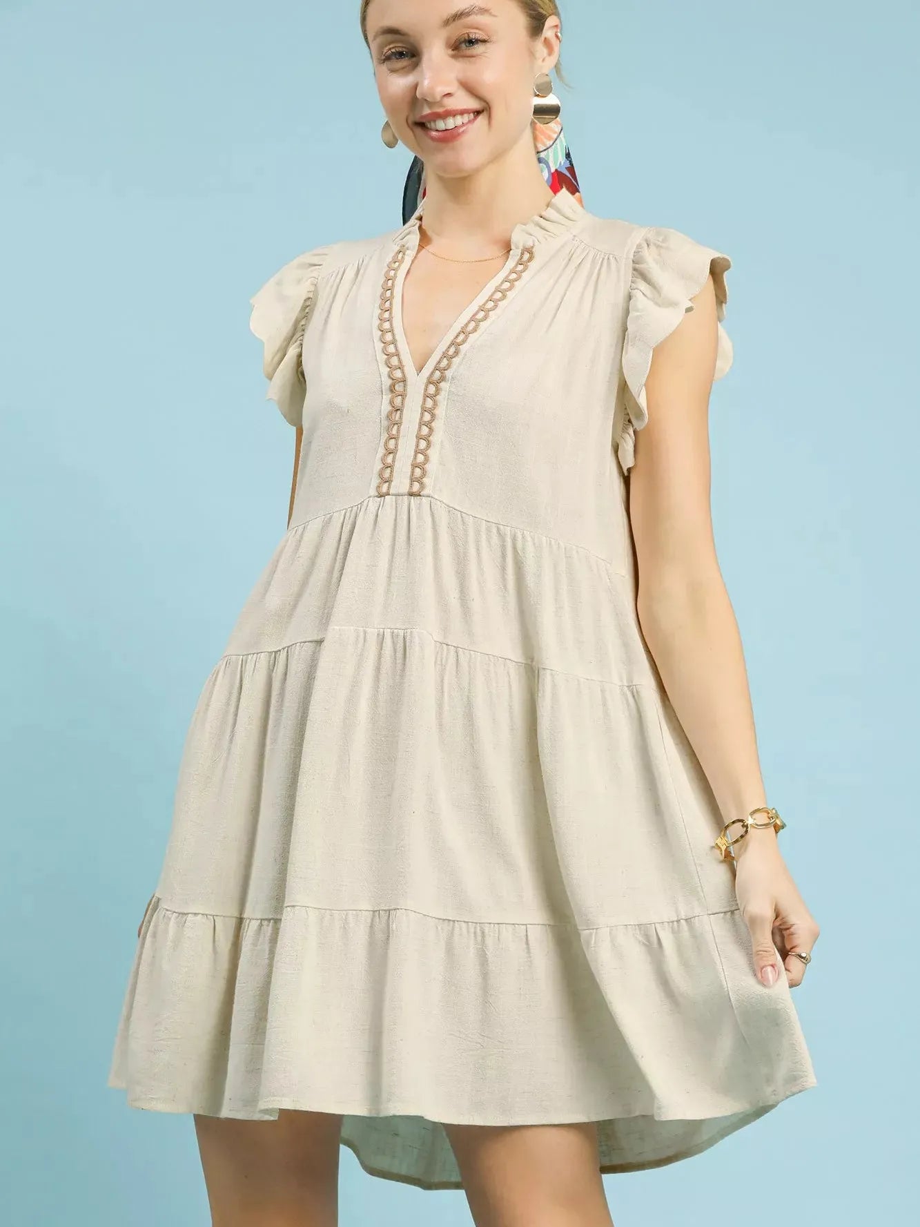 Umgee Coastline Charm Linen Tiered Baby Doll Dress in Oatmeal-Women's Dresses-Shop Z & Joxa