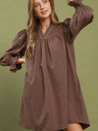 Umgee Cocoa Crush Textured Puff Sleeve Mini Dress-Women's Dresses-Shop Z & Joxa