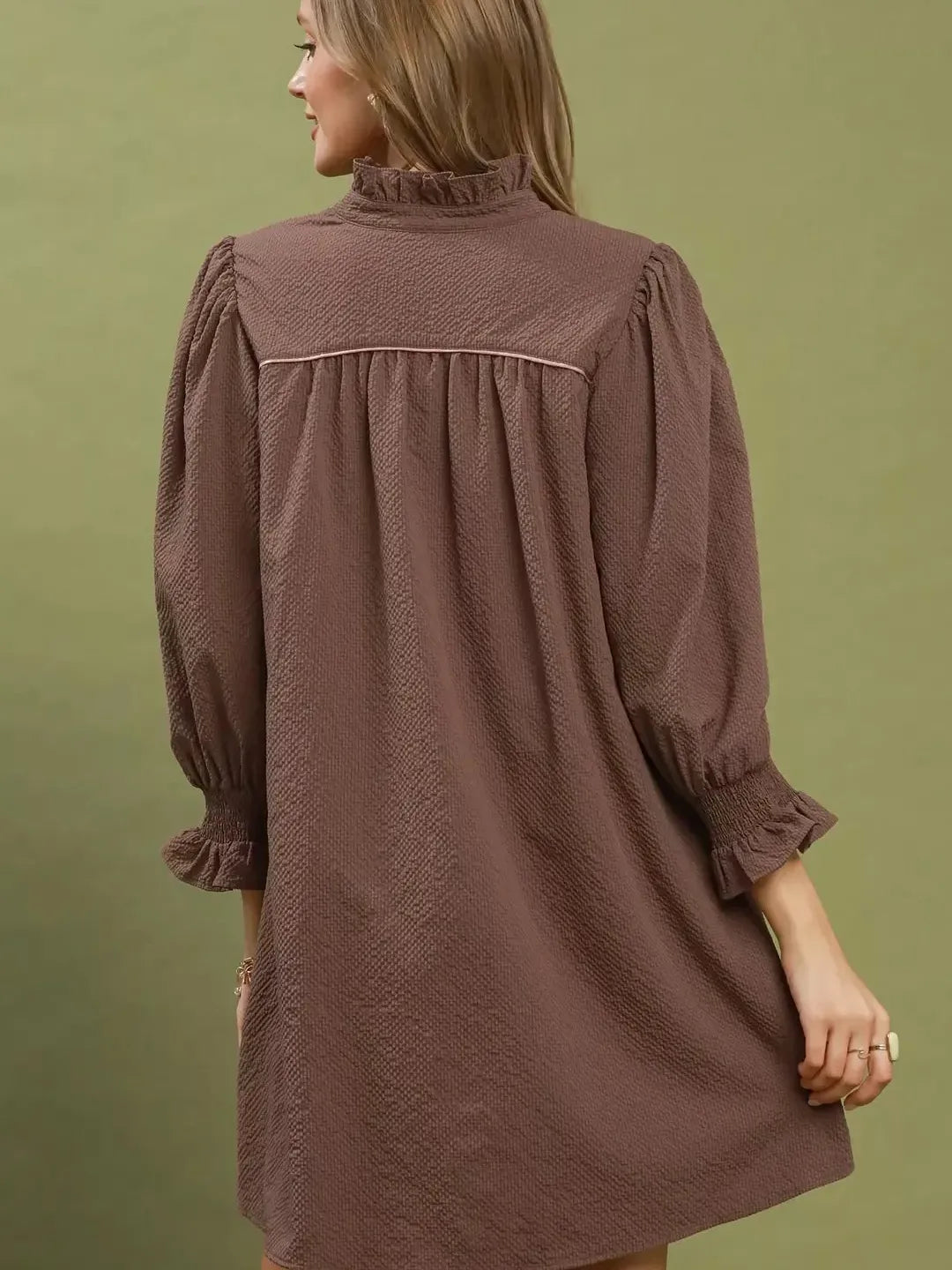 Umgee Cocoa Crush Textured Puff Sleeve Mini Dress-Women's Dresses-Shop Z & Joxa