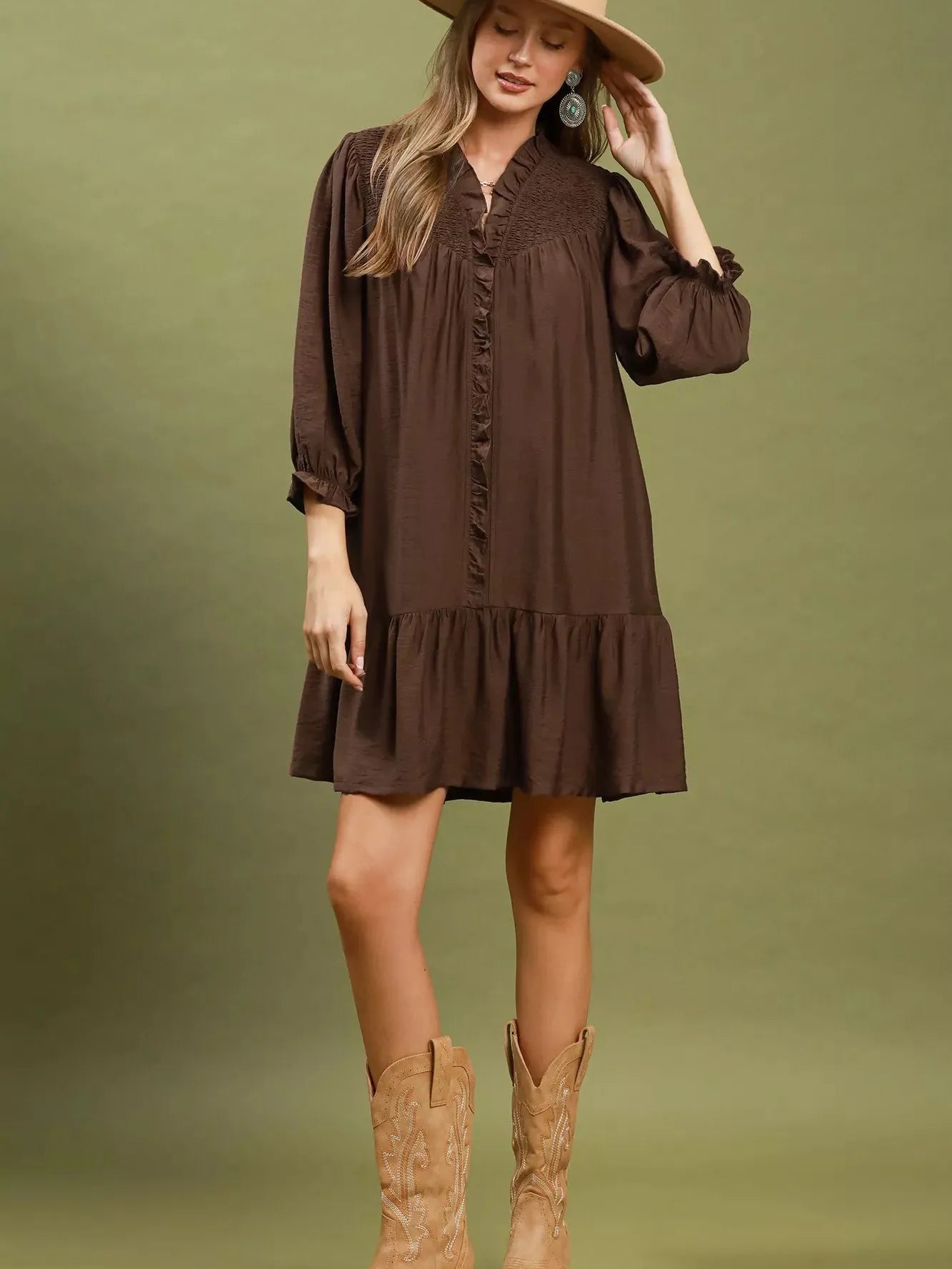 Umgee Cocoa Kiss Smocked Tiered Mini Dress-Women's Dresses-Shop Z & Joxa