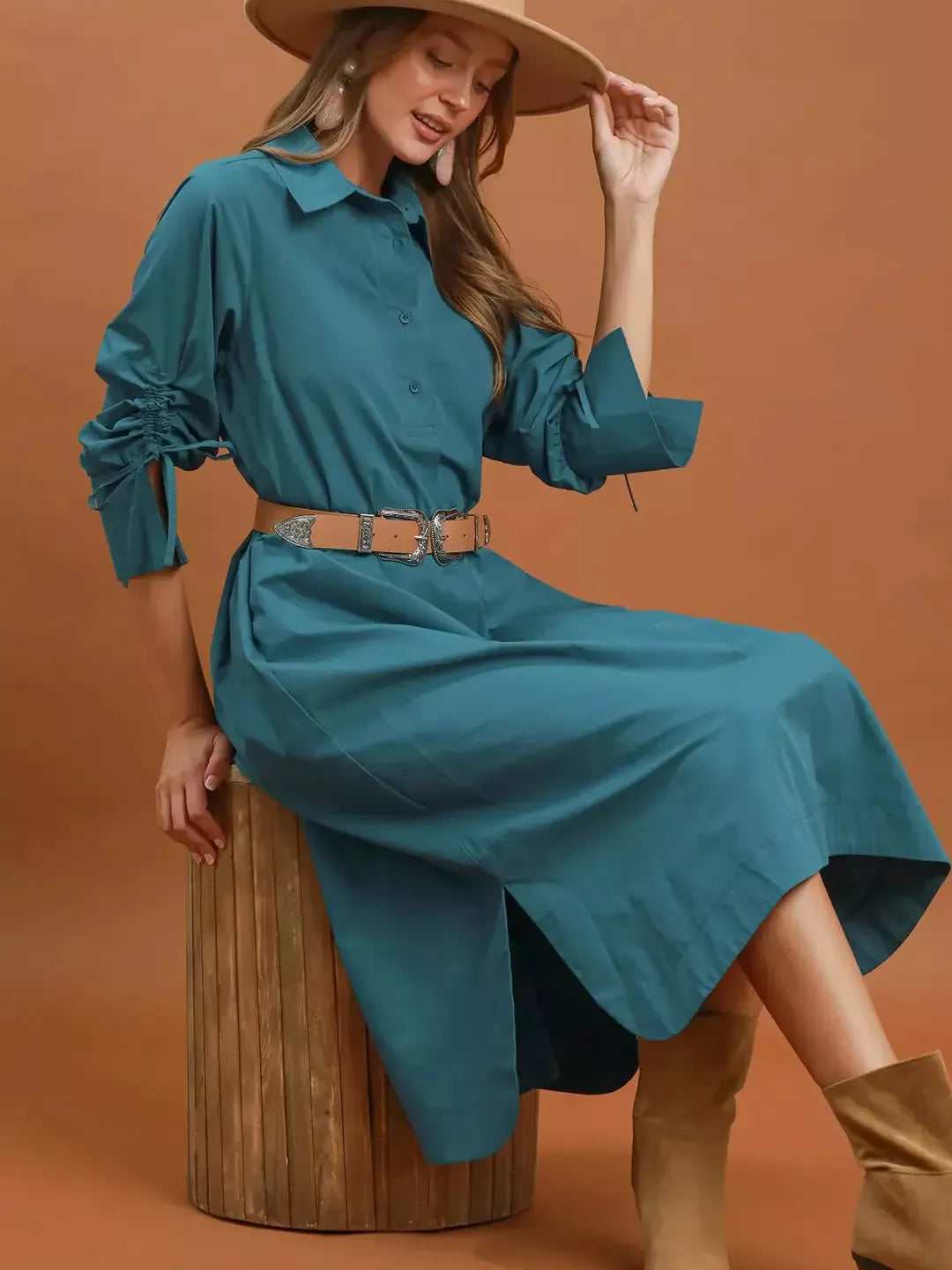 Umgee Collared Button Detail Relaxed Midi Dress-Women's Dresses-Shop Z & Joxa