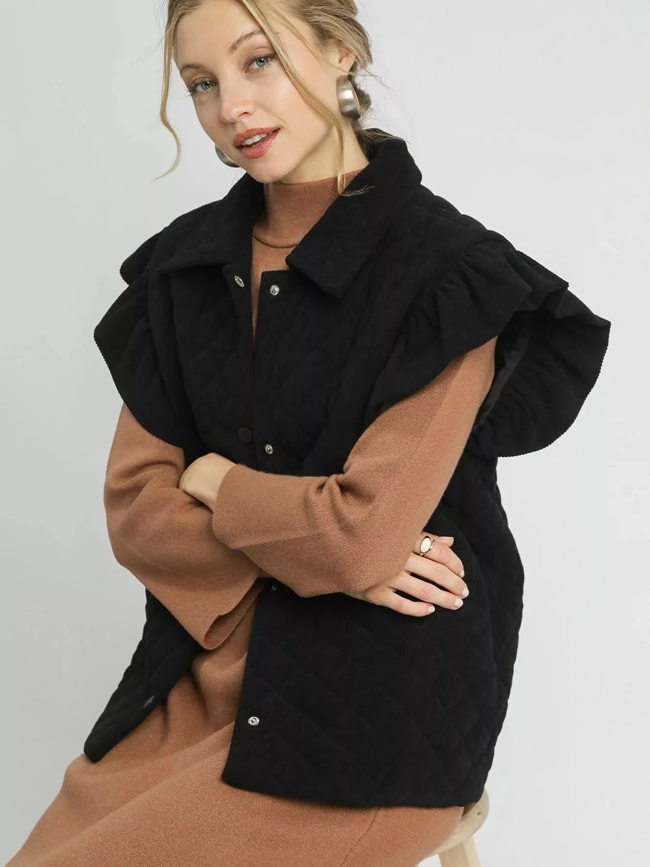 Umgee Corduroy Cutie Corduroy Quilted Ruffle Sleeve Vest-Women's Shirts & Tops-Shop Z & Joxa