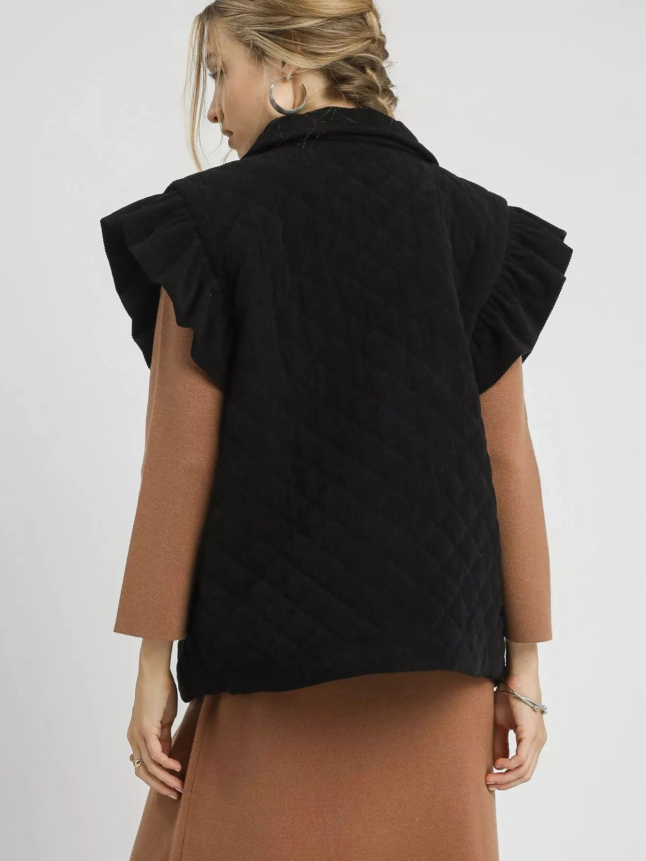 Umgee Corduroy Cutie Corduroy Quilted Ruffle Sleeve Vest-Women's Shirts & Tops-Shop Z & Joxa