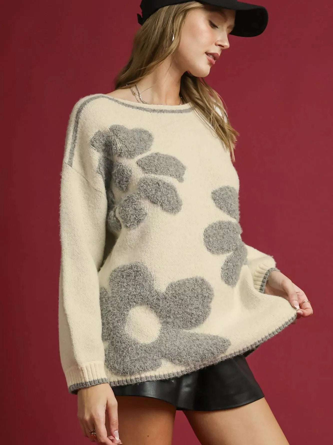 Umgee Cream Petal Mist Floral Jacquard Knit Sweater-Women's Shirts & Tops-Shop Z & Joxa