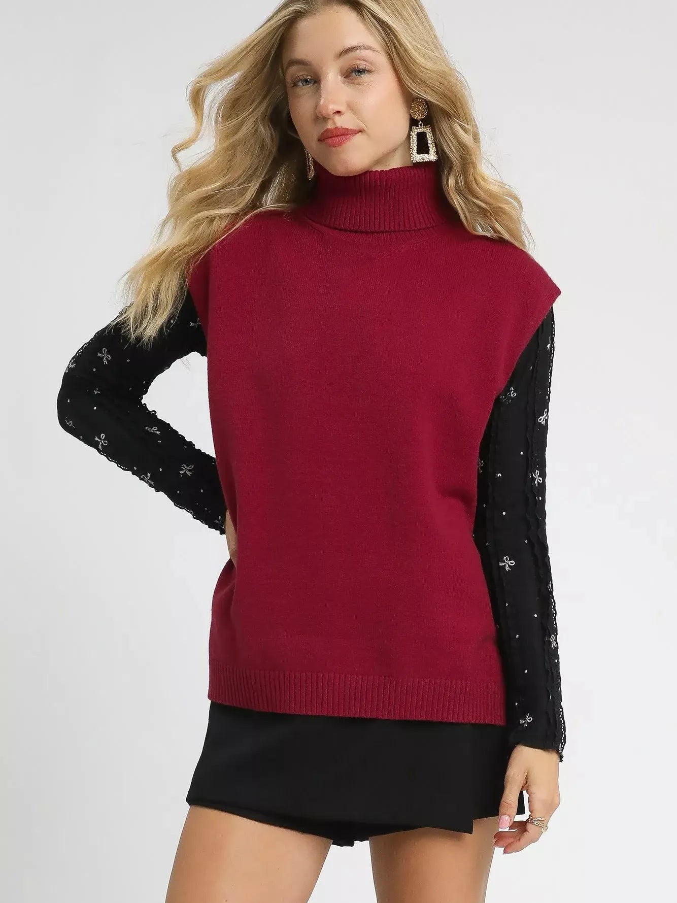 Umgee Crimson Glow High-Low Turtleneck Sleeveless Sweater Top-Women's Shirts & Tops-Shop Z & Joxa