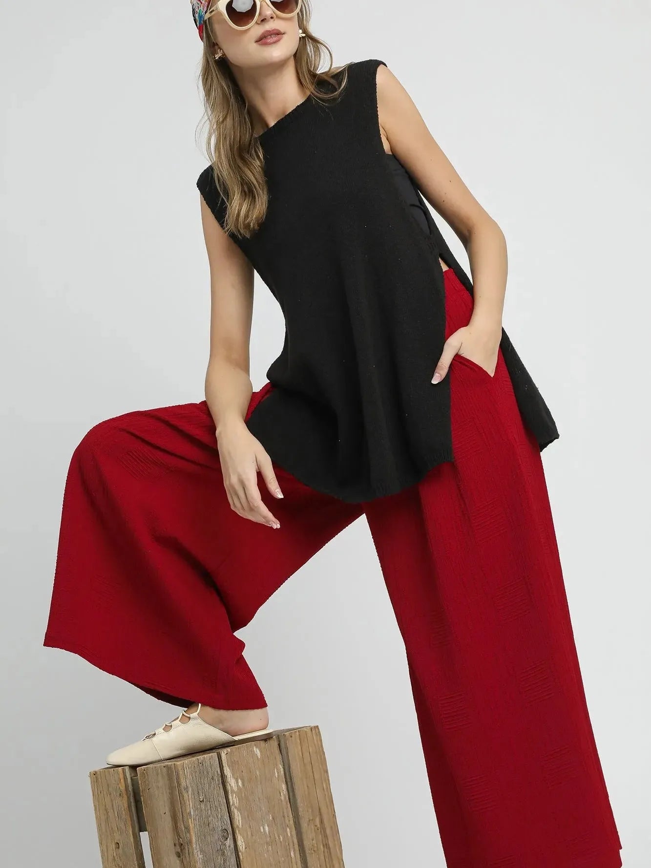 Umgee Crimson Grace High Rise Elastic Waist Palazzo Pants-Women's Pants-Shop Z & Joxa