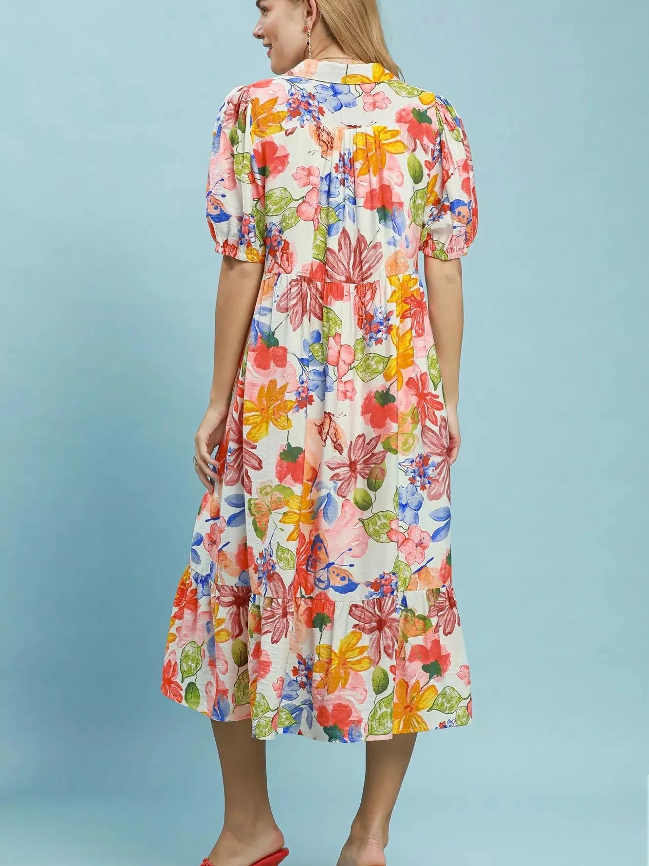 Umgee Crimson Watercolor Floral Tiered Midi Dress-Women's Dresses-Shop Z & Joxa