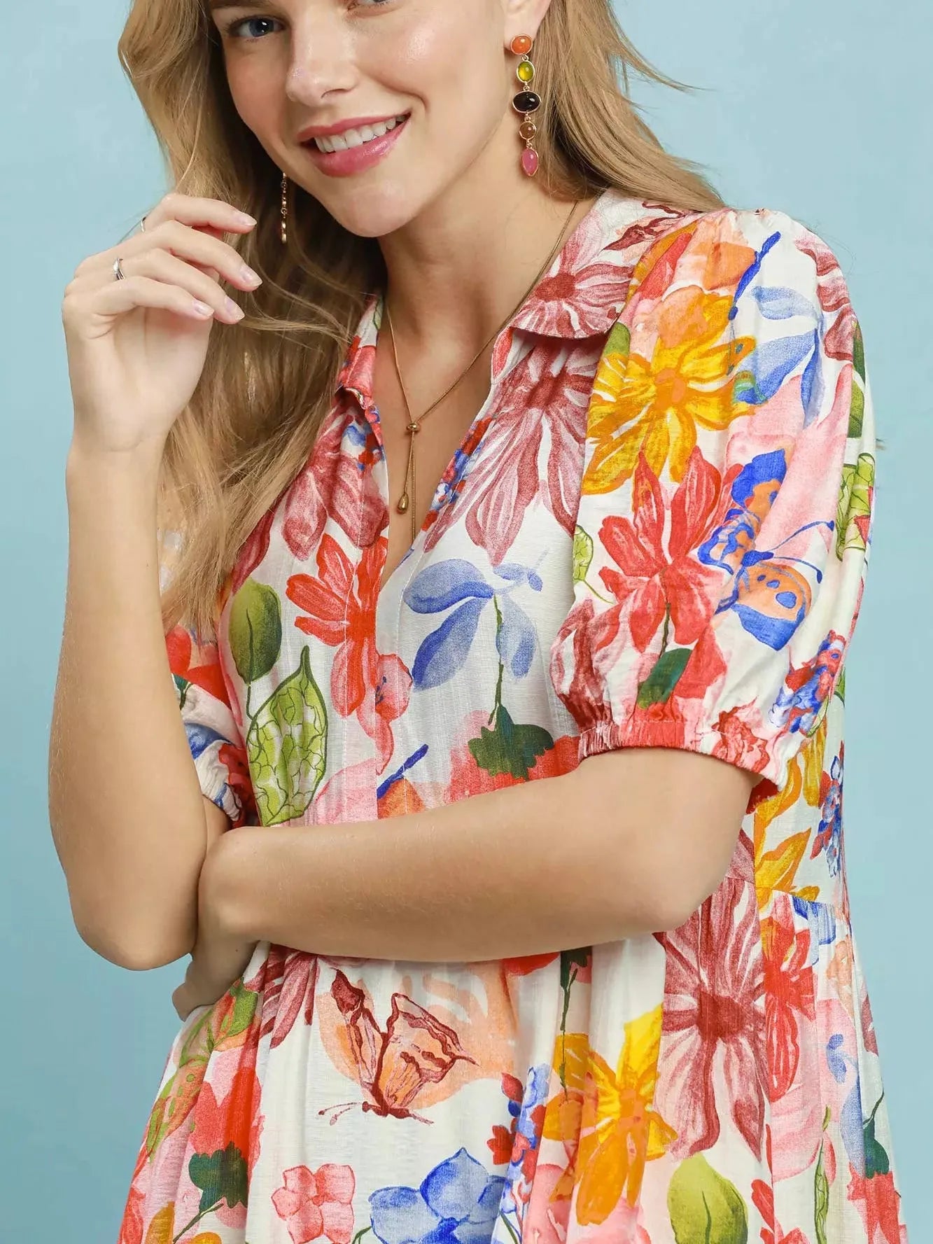 Umgee Crimson Watercolor Floral Tiered Midi Dress-Women's Dresses-Shop Z & Joxa
