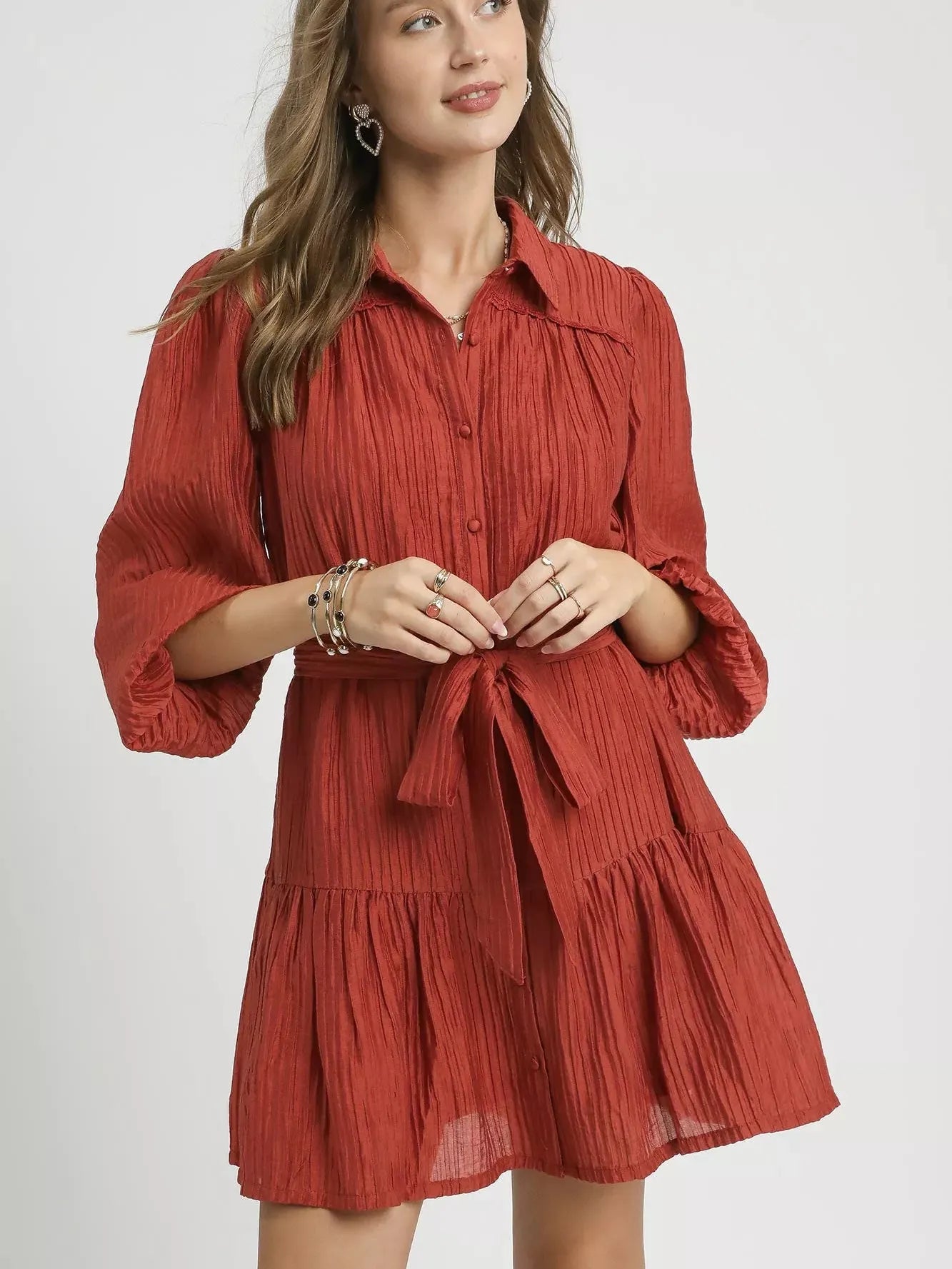 Umgee Crinkle & Dazzle Button-Front Tiered Mini Dress L / Rust Umgee Crinkle & Dazzle Button-Front Tiered Mini Dress L / Rust