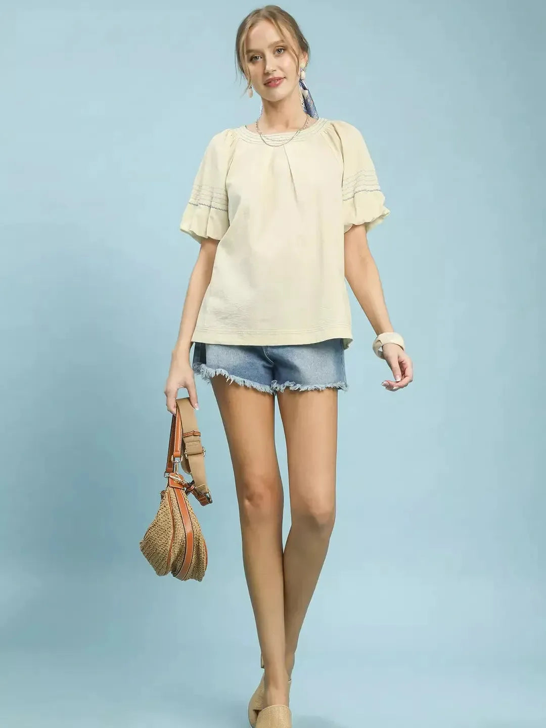 Umgee Delicate Definition Puff Sleeve Top with Contrast Stitch Detail-Women's Shirts & Tops-Shop Z & Joxa