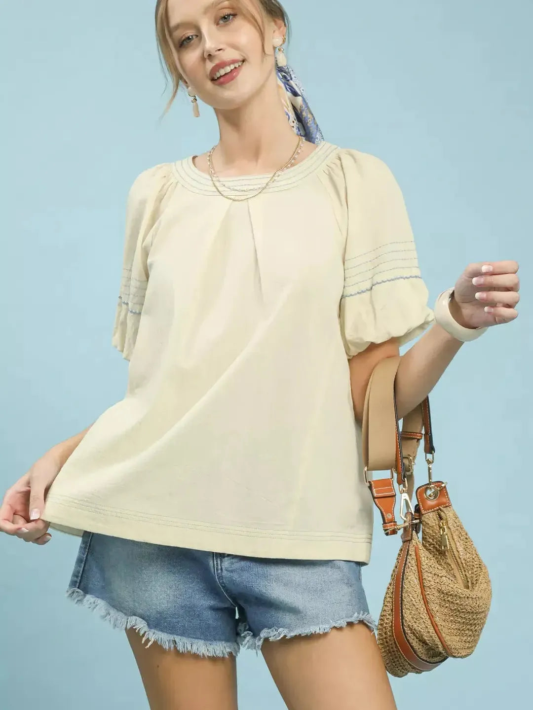Umgee Delicate Definition Puff Sleeve Top with Contrast Stitch Detail-Women's Shirts & Tops-Shop Z & Joxa
