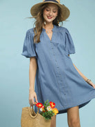 Umgee Denim Darling Chambray Puff Sleeve Mini Dress-Women's Dresses-Shop Z & Joxa