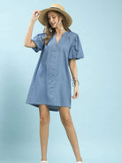 Umgee Denim Darling Chambray Puff Sleeve Mini Dress-Women's Dresses-Shop Z & Joxa