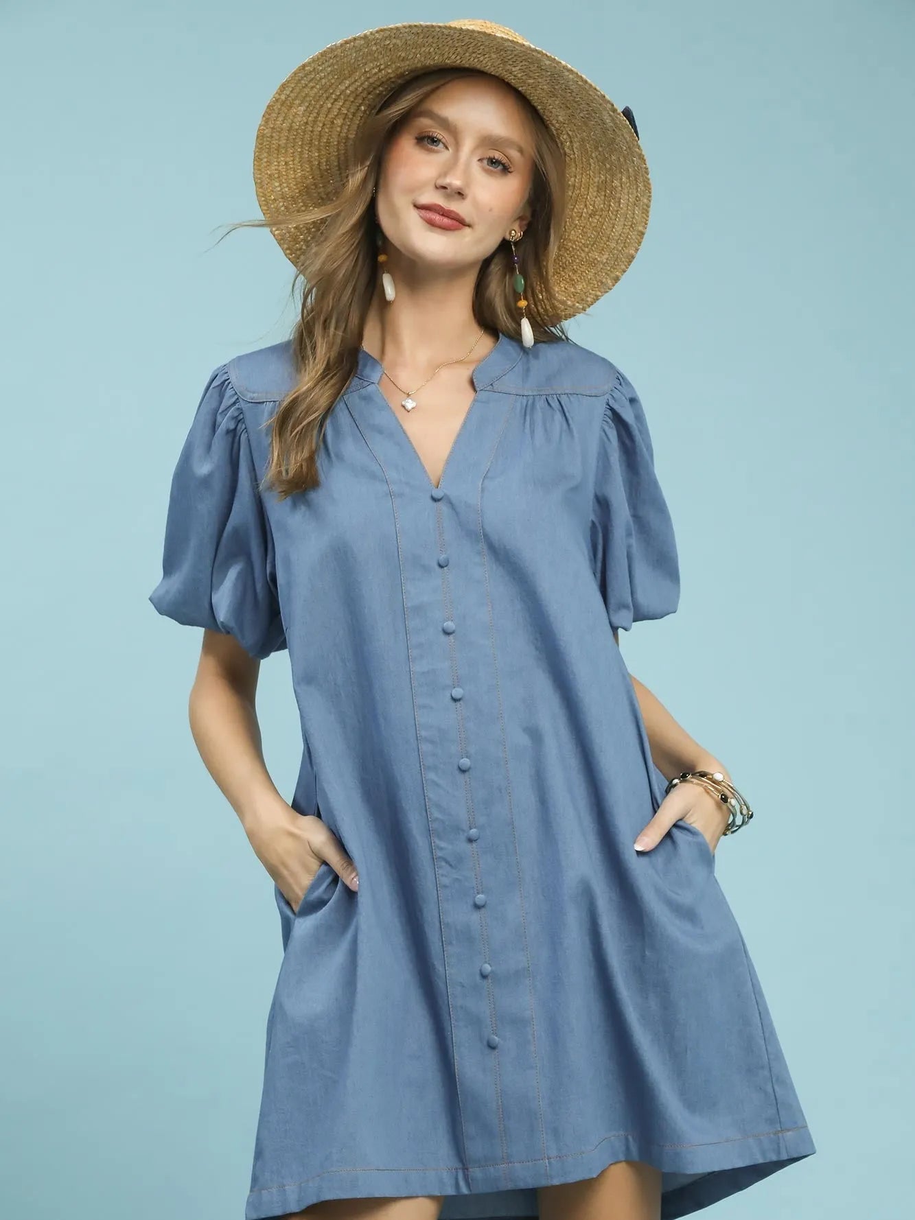 Umgee Denim Darling Chambray Puff Sleeve Mini Dress-Women's Dresses-Shop Z & Joxa