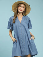 Umgee Denim Darling Chambray Puff Sleeve Mini Dress-Women's Dresses-Shop Z & Joxa