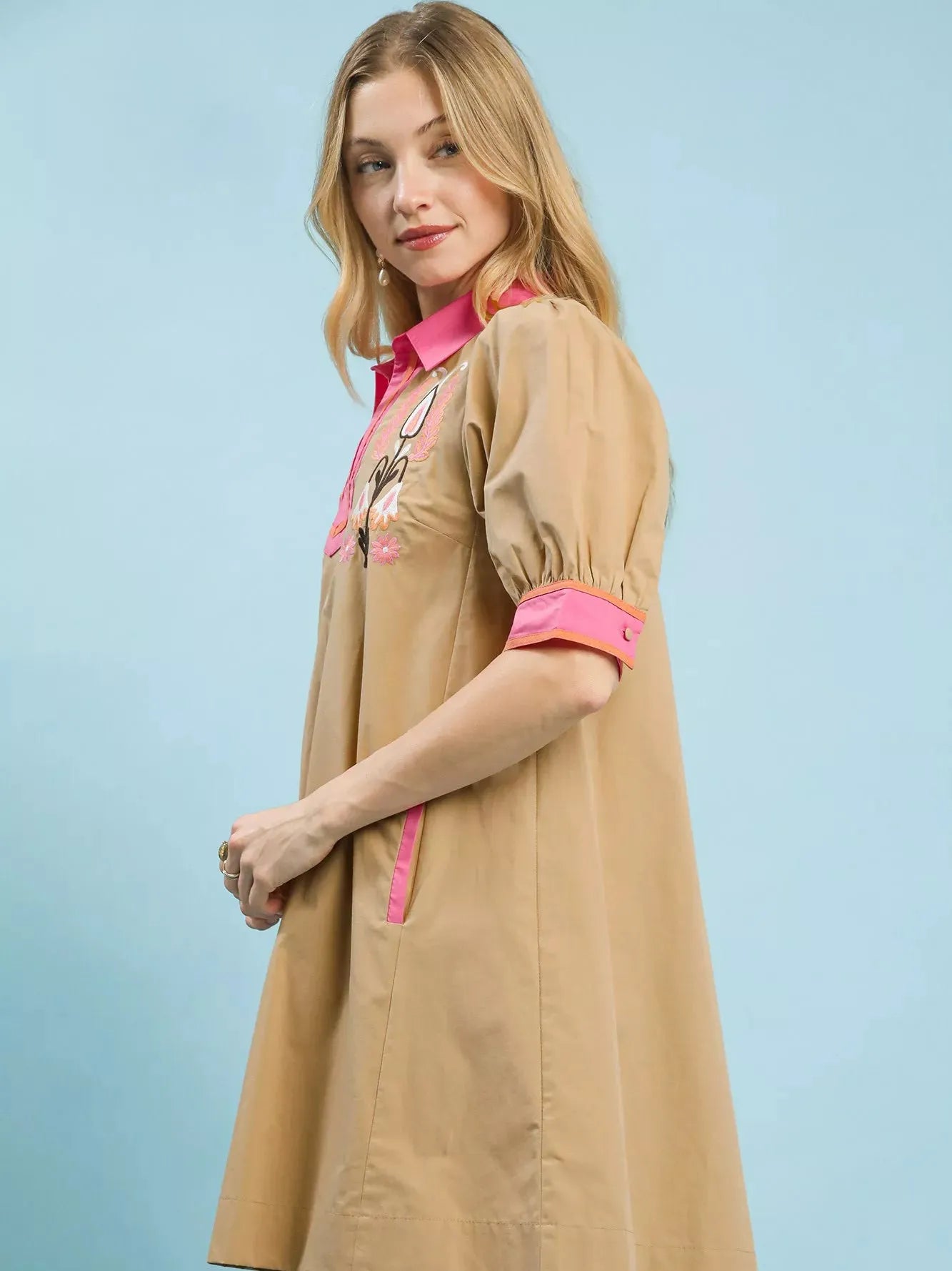 Umgee Desert Bloom Embroidered Tunic Dress with Pink Trim-Women's Dresses-Shop Z & Joxa