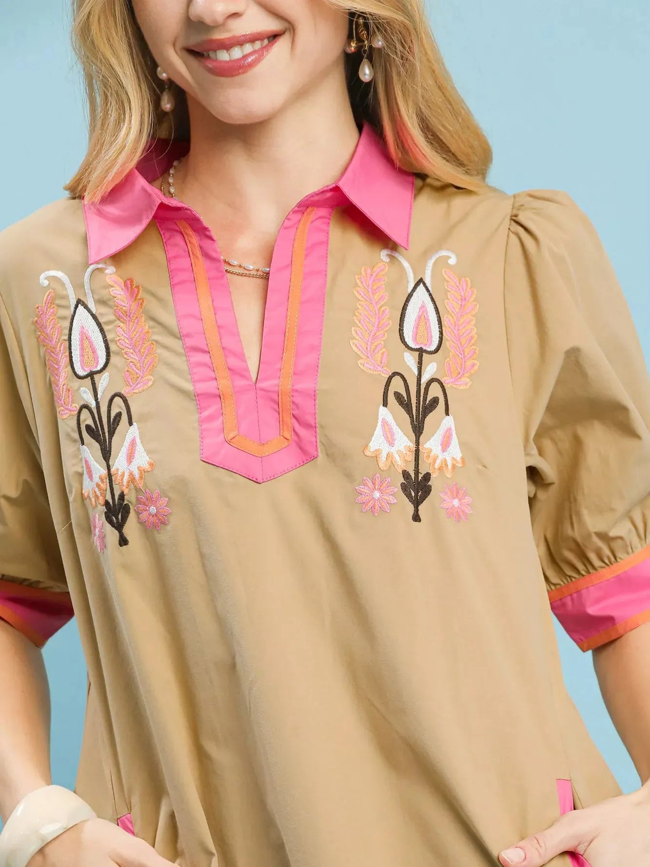 Umgee Desert Bloom Embroidered Tunic Dress with Pink Trim-Women's Dresses-Shop Z & Joxa
