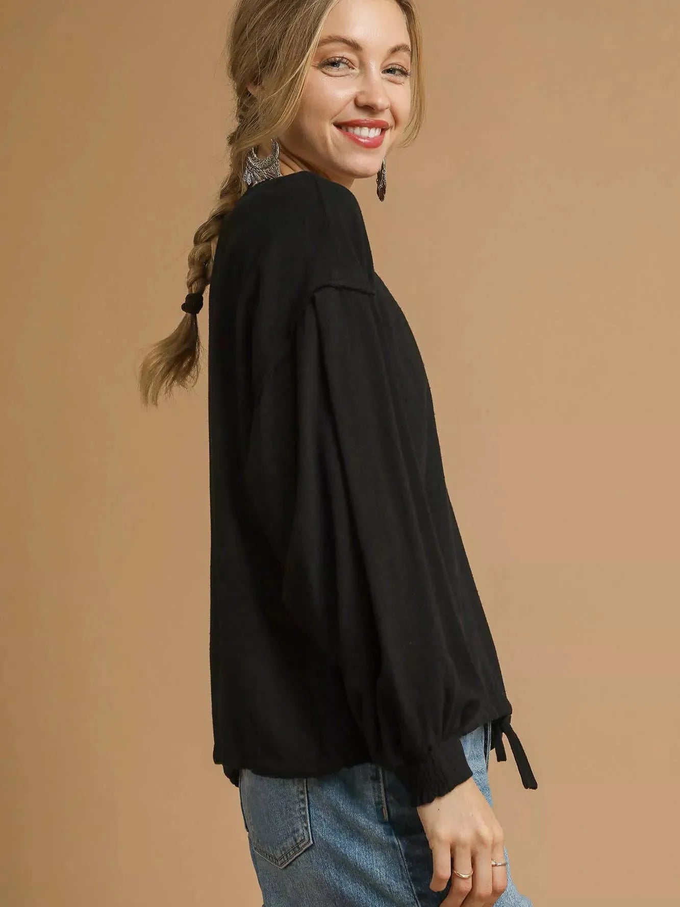 Umgee Drawn Noir Long Sleeve Linen Top with Drawstring-Women's Shirts & Tops-Shop Z & Joxa