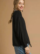 Umgee Drawn Noir Long Sleeve Linen Top with Drawstring-Women's Shirts & Tops-Shop Z & Joxa