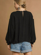 Umgee Drawn Noir Long Sleeve Linen Top with Drawstring-Women's Shirts & Tops-Shop Z & Joxa