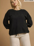 Umgee Drawn Noir Long Sleeve Linen Top with Drawstring-Women's Shirts & Tops-Shop Z & Joxa