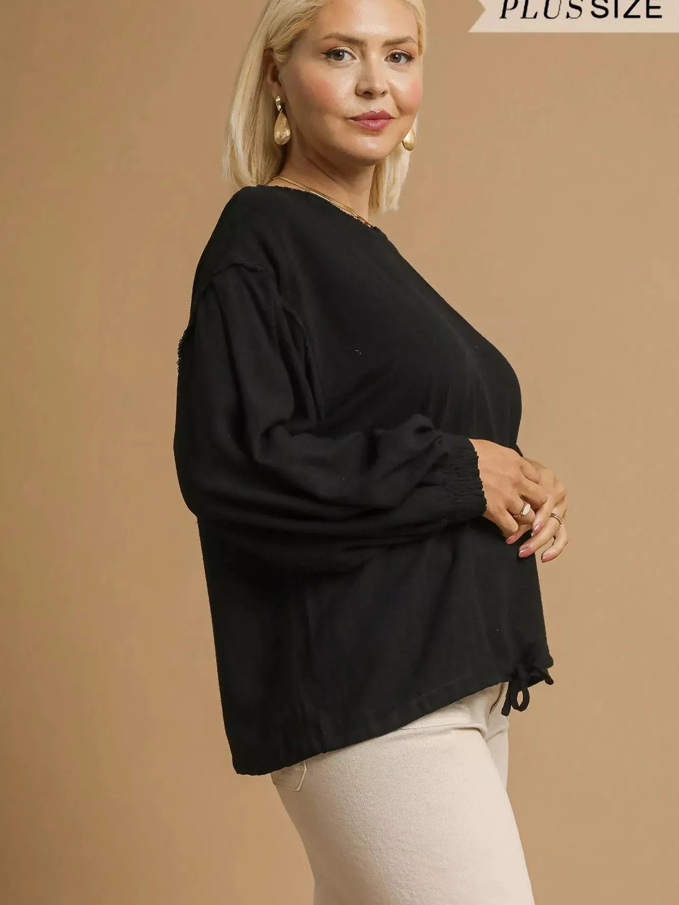 Umgee Drawn Noir Long Sleeve Linen Top with Drawstring-Women's Shirts & Tops-Shop Z & Joxa