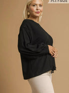 Umgee Drawn Noir Long Sleeve Linen Top with Drawstring-Women's Shirts & Tops-Shop Z & Joxa