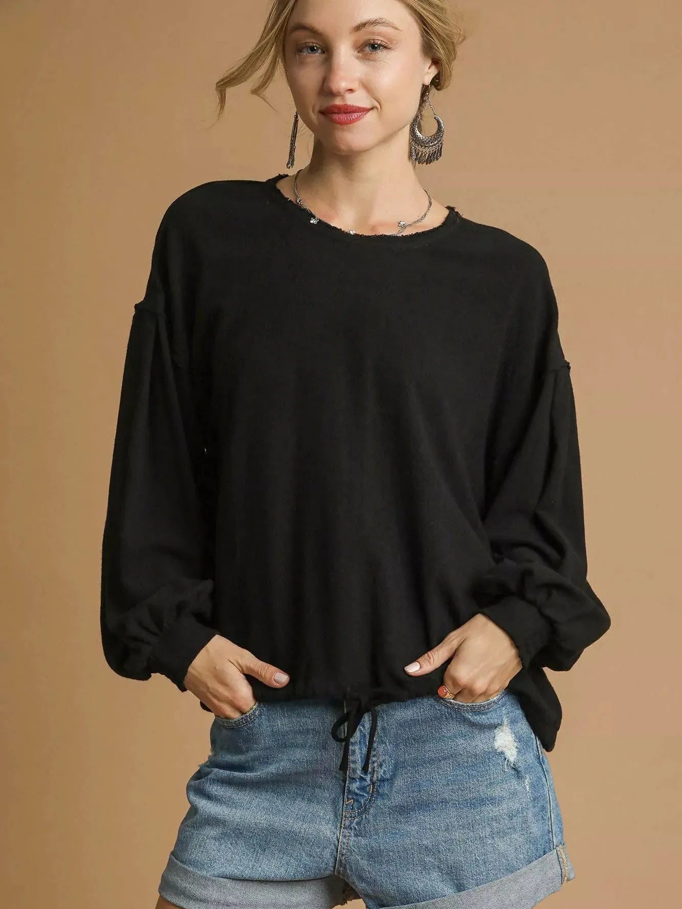 Umgee Drawn Noir Long Sleeve Linen Top with Drawstring-Women's Shirts & Tops-Shop Z & Joxa