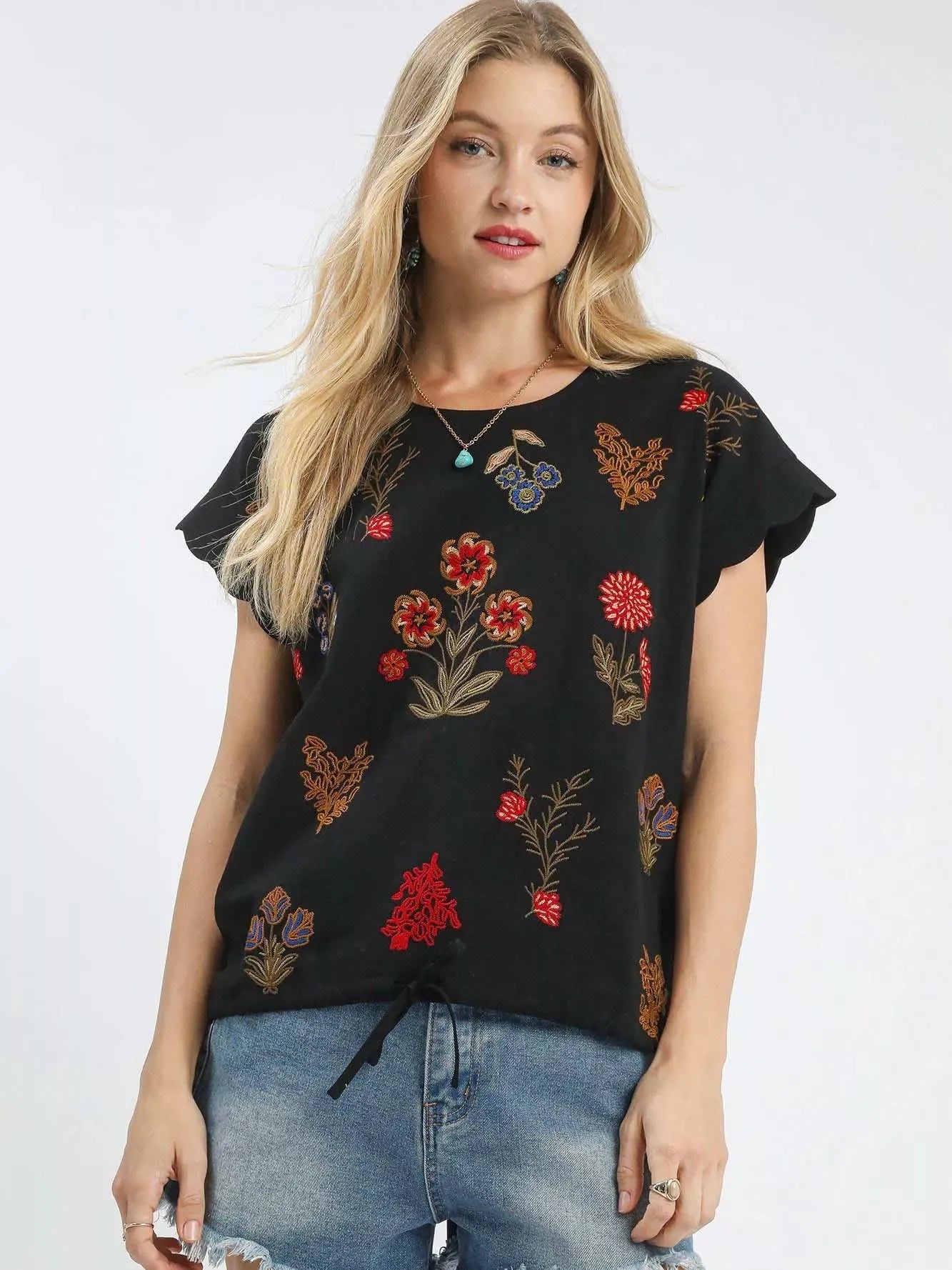 Umgee Embroidered Ease Scalloped Short Sleeve Top-Shop Z & Joxa