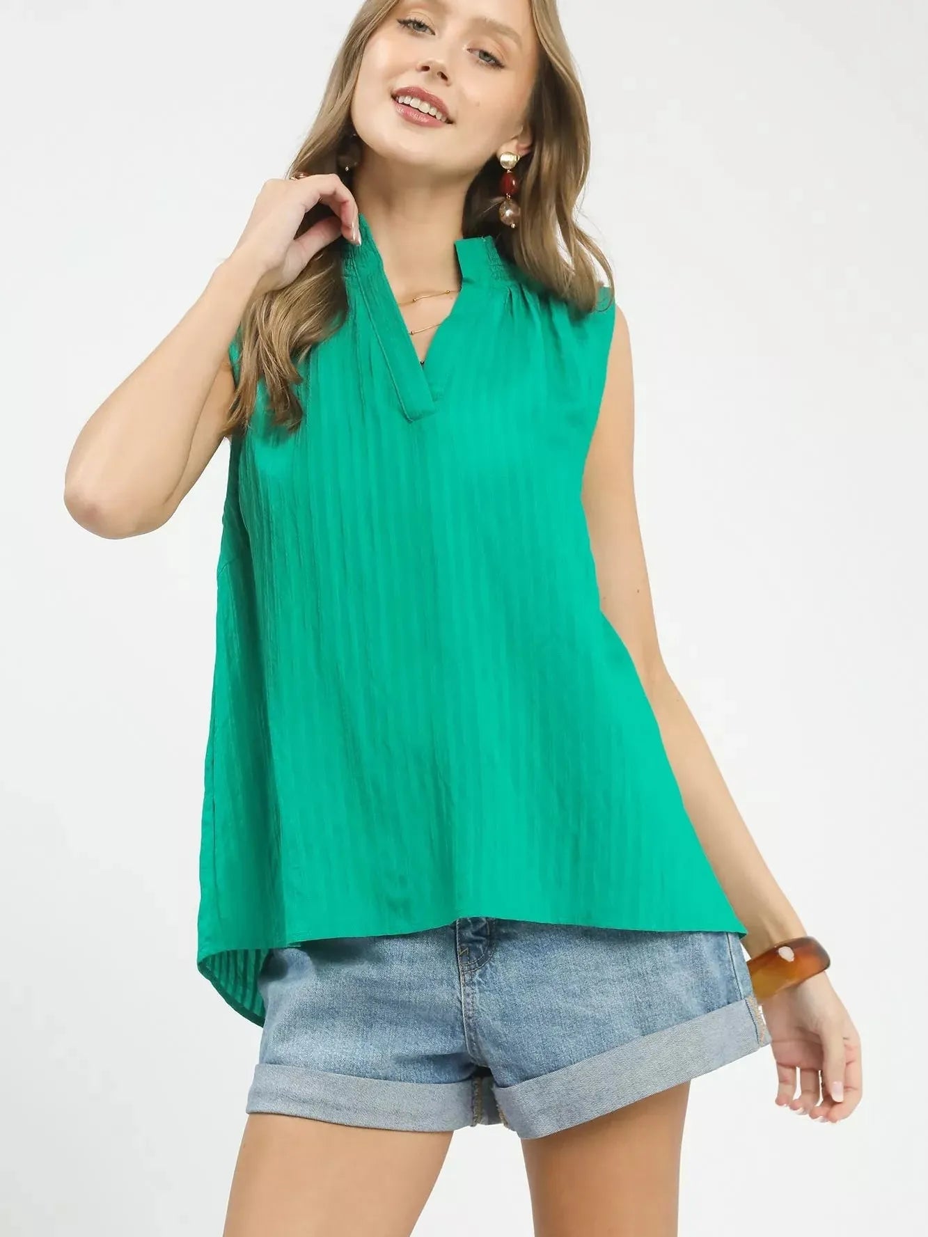 Umgee Emerald Edge Sleeveless Textured Notch Neck Top-Women's Shirts & Tops-Shop Z & Joxa