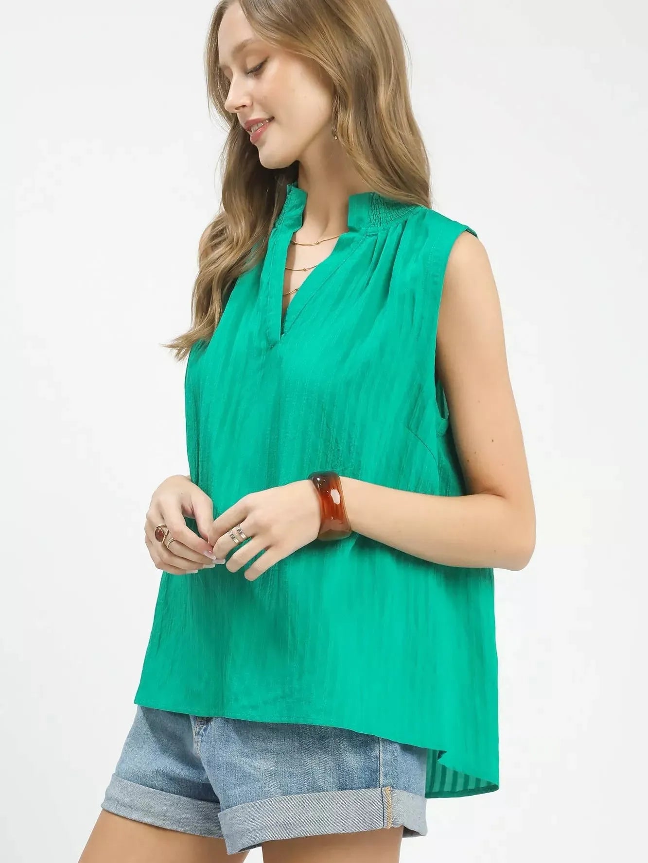 Umgee Emerald Edge Sleeveless Textured Notch Neck Top-Women's Shirts & Tops-Shop Z & Joxa