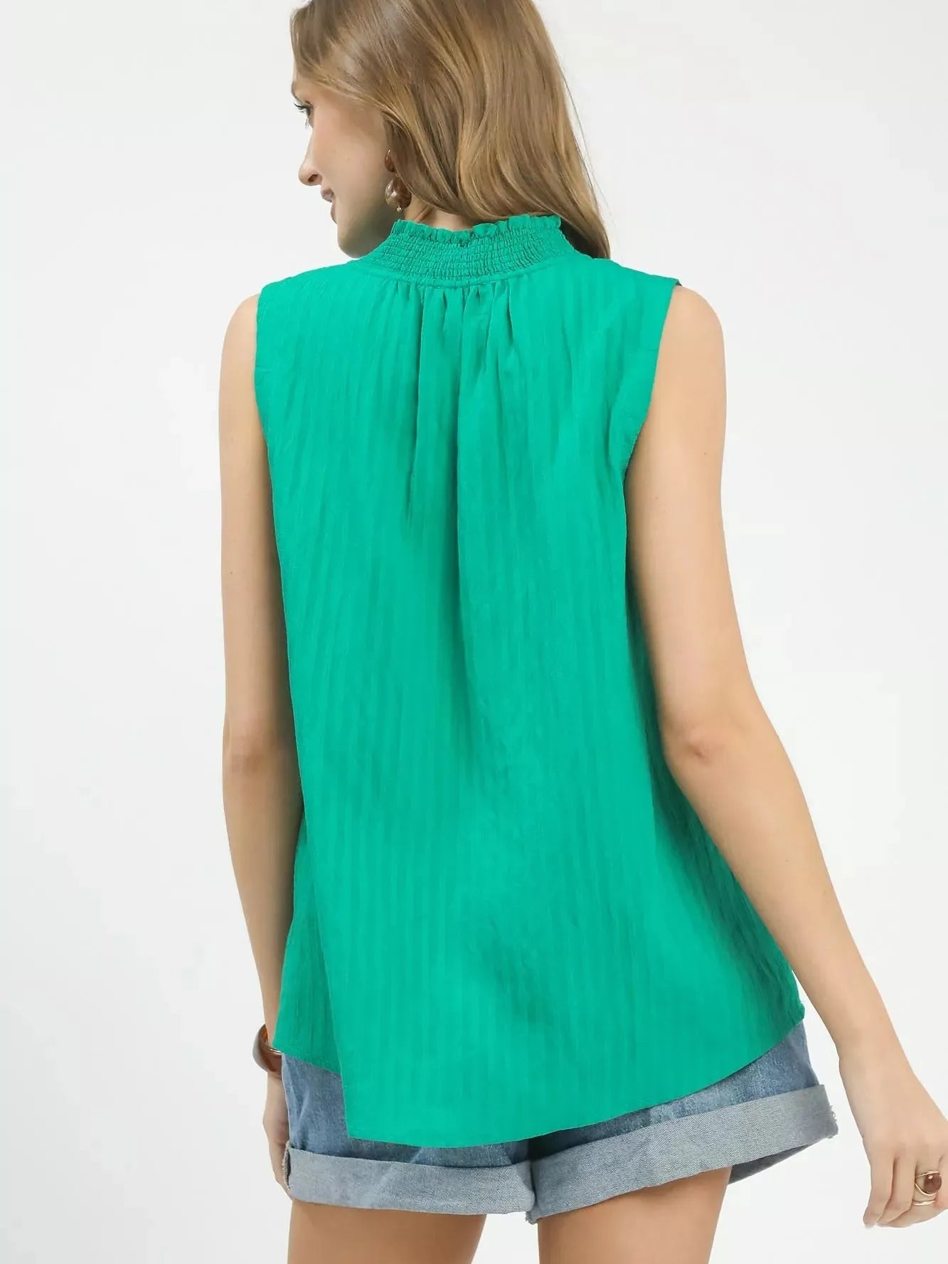 Umgee Emerald Edge Sleeveless Textured Notch Neck Top-Women's Shirts & Tops-Shop Z & Joxa