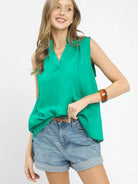 Umgee Emerald Edge Sleeveless Textured Notch Neck Top-Women's Shirts & Tops-Shop Z & Joxa