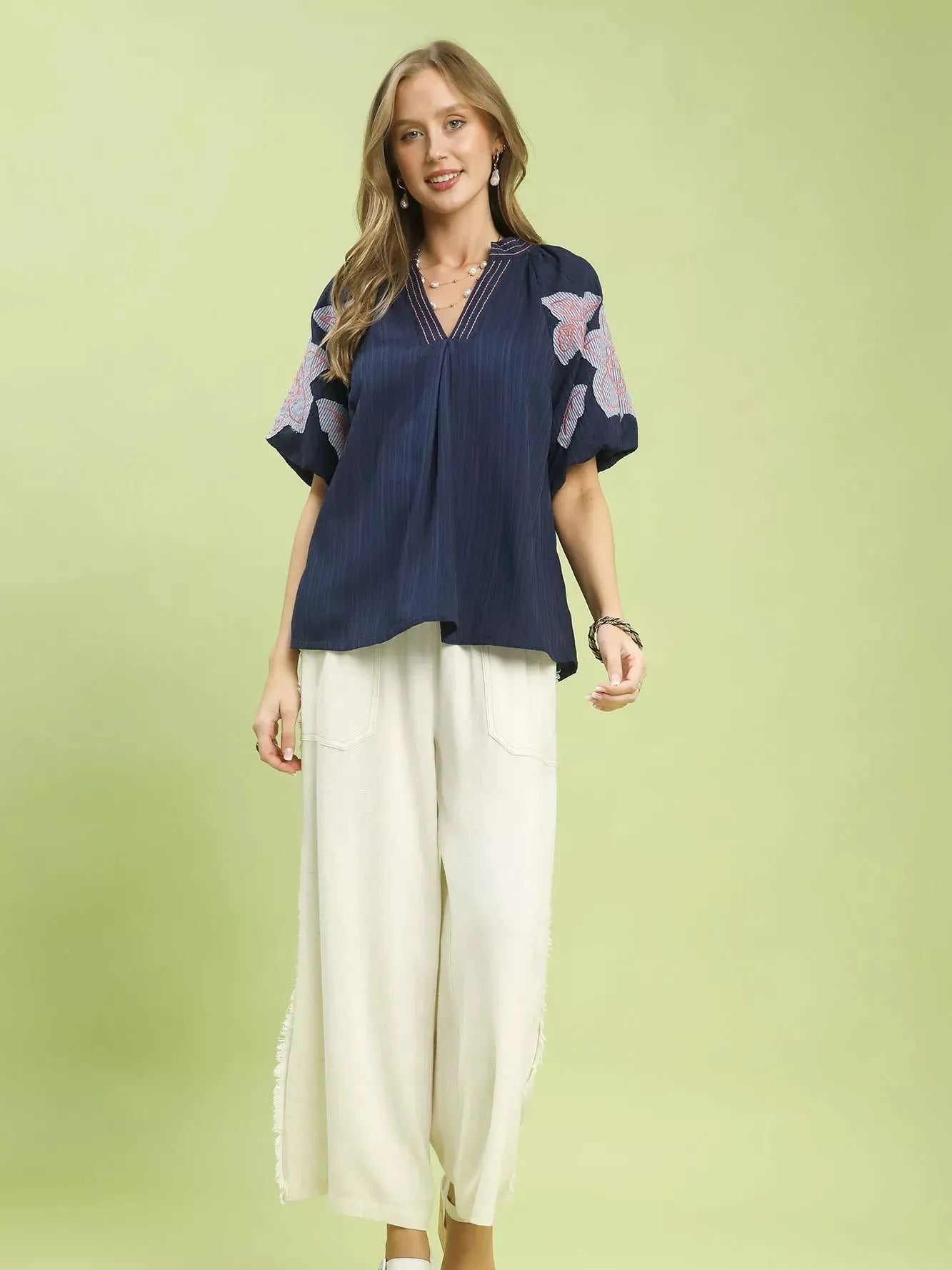 Umgee Evening Blossom Embroidered Blouse with Balloon Sleeves-Women's Shirts & Tops-Shop Z & Joxa
