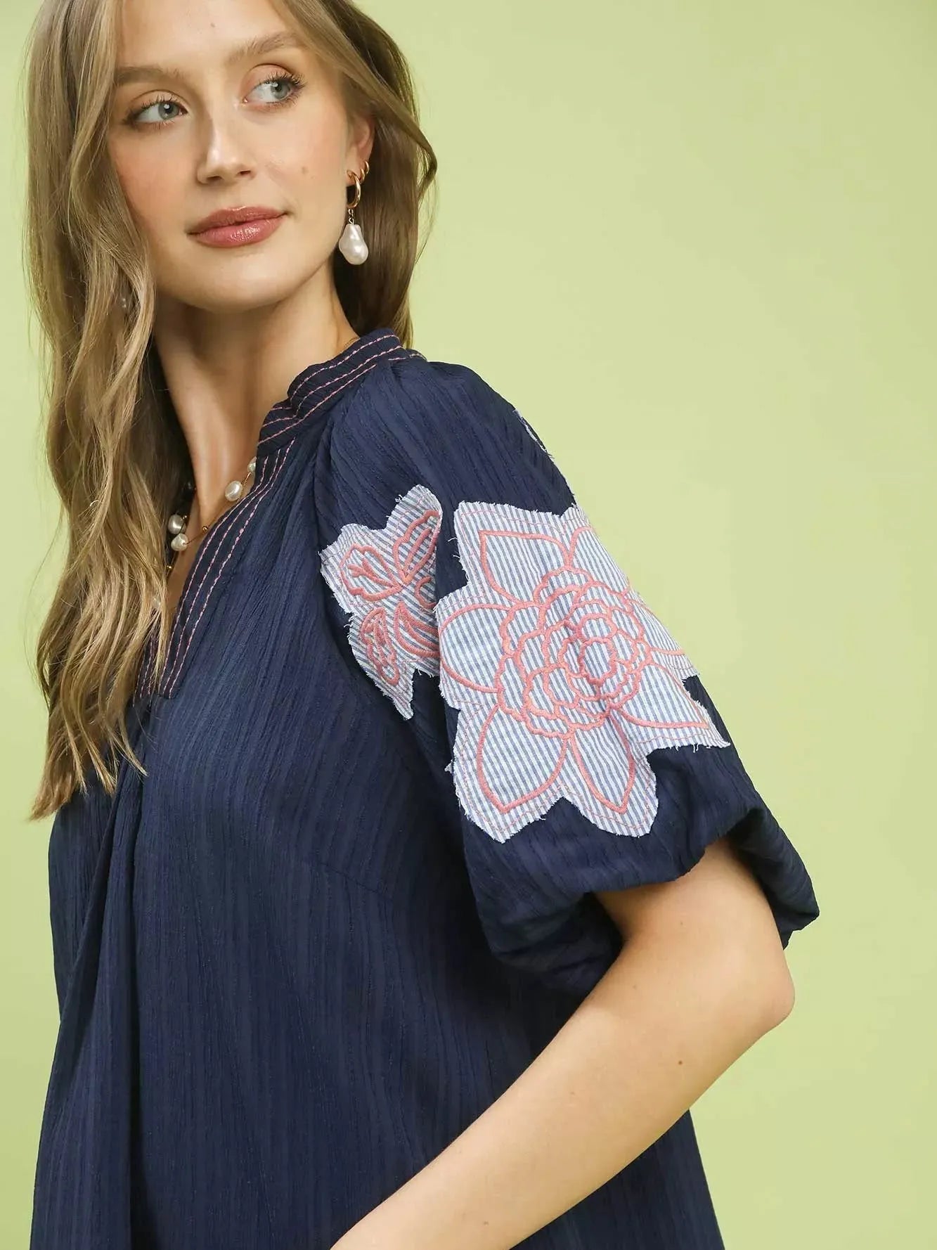 Umgee Evening Blossom Embroidered Blouse with Balloon Sleeves-Women's Shirts & Tops-Shop Z & Joxa