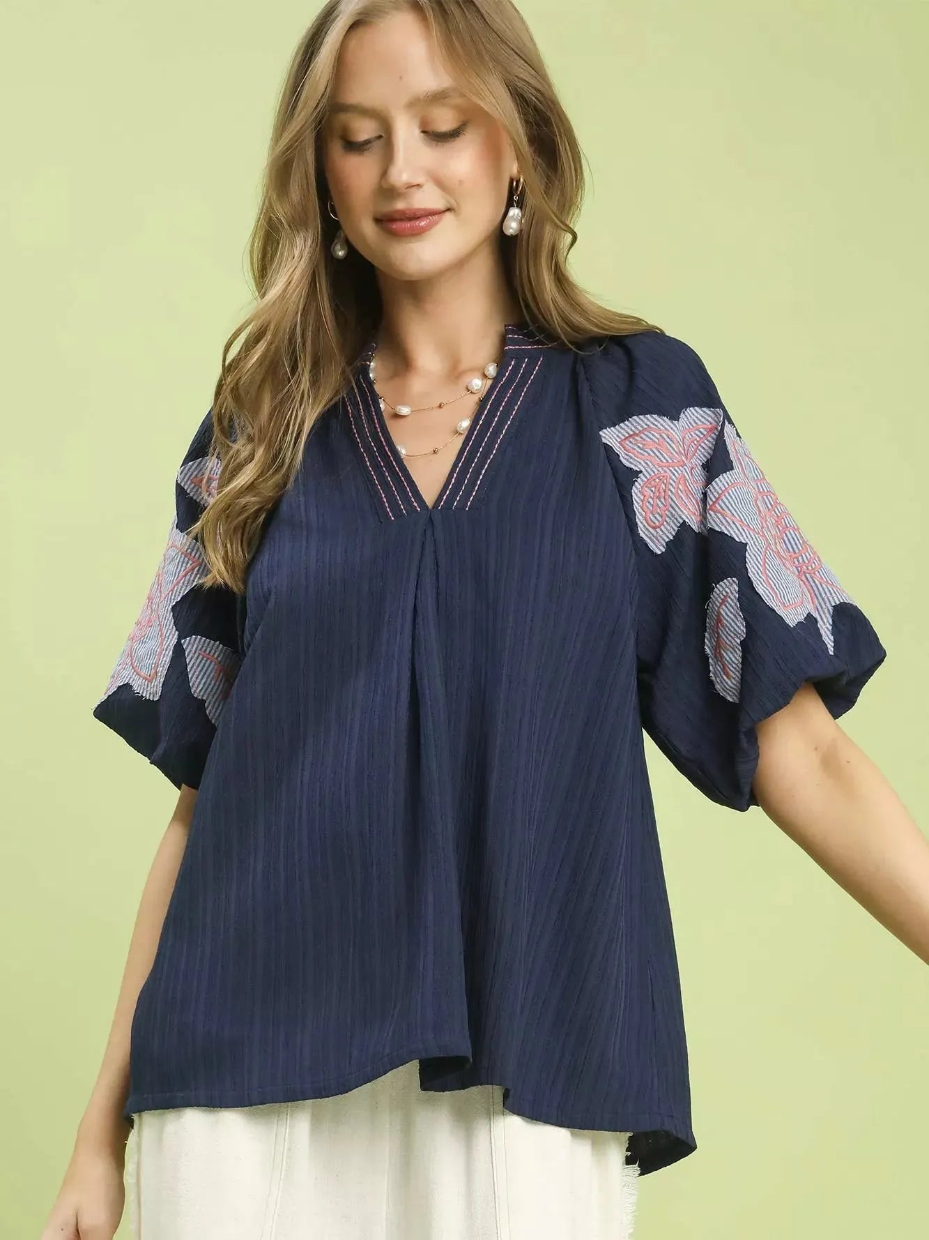 Umgee Evening Blossom Embroidered Blouse with Balloon Sleeves-Women's Shirts & Tops-Shop Z & Joxa