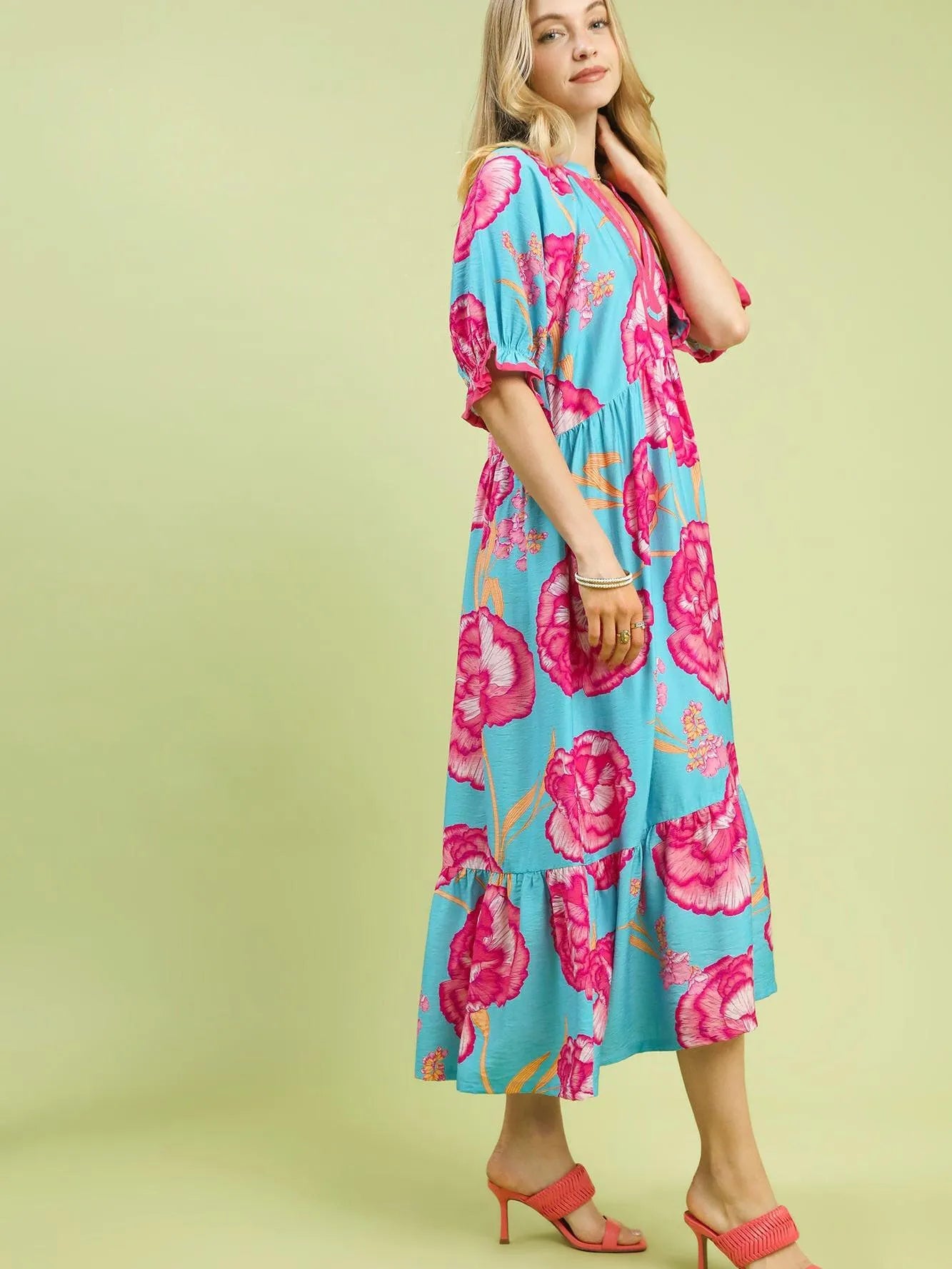 Umgee Floral Blue Romance Floral Midi Dress with Contrast Trim
