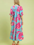 Umgee Floral Blue Romance Floral Midi Dress with Contrast Trim-Women's Dresses-Shop Z & Joxa