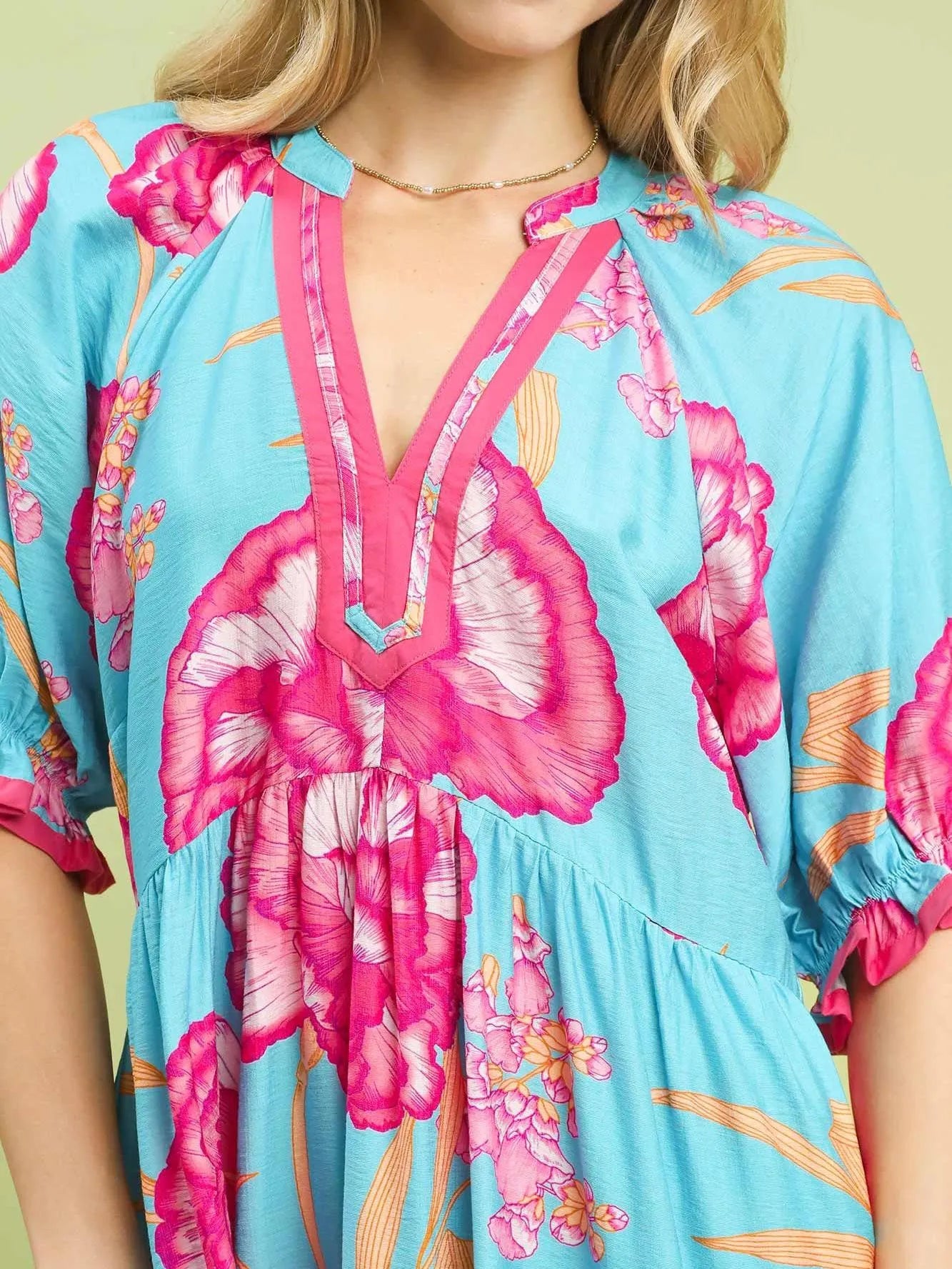 Umgee Floral Blue Romance Floral Midi Dress with Contrast Trim-Women's Dresses-Shop Z & Joxa