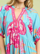 Umgee Floral Blue Romance Floral Midi Dress with Contrast Trim-Women's Dresses-Shop Z & Joxa