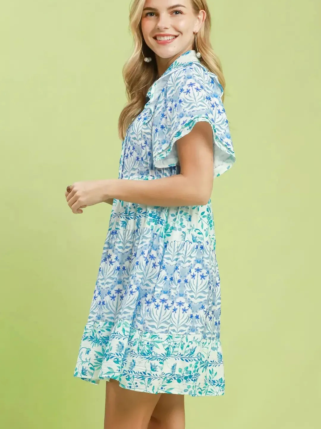 Umgee Floral Flirt Tiered Mini Dress with Flutter Sleeves-Women's Dresses-Shop Z & Joxa