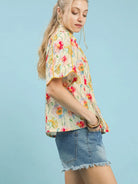 Umgee Floral Print Button-Down Blouse with Flutter Sleeves-Women's Shirts & Tops-Shop Z & Joxa