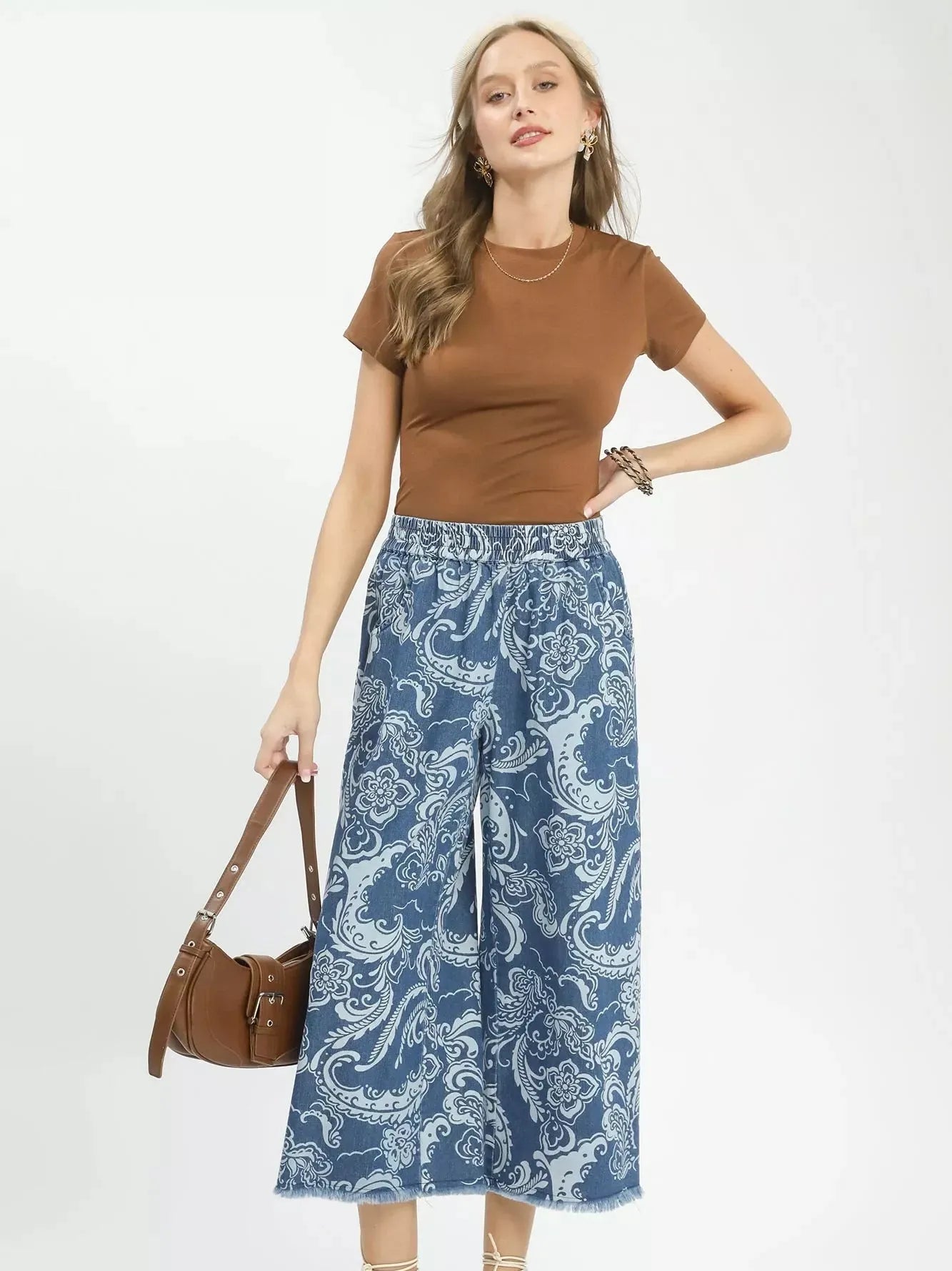 Umgee Free Spirit Stone Washed Floral Wide Leg Crop Pants-Women's Jeans-Shop Z & Joxa