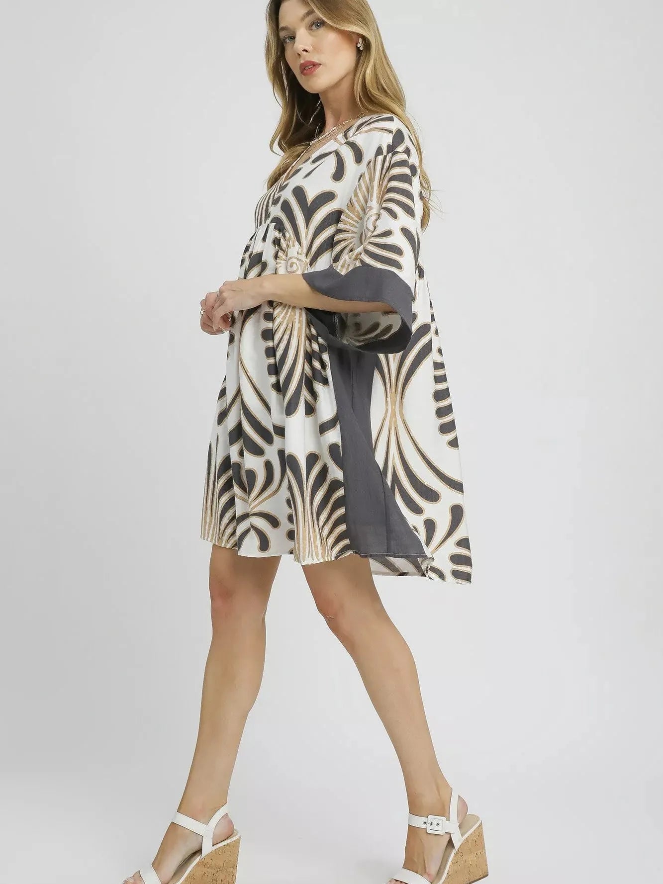 Umgee Gray Geometry Muse Kimono Dress-Women's Dresses-Shop Z & Joxa