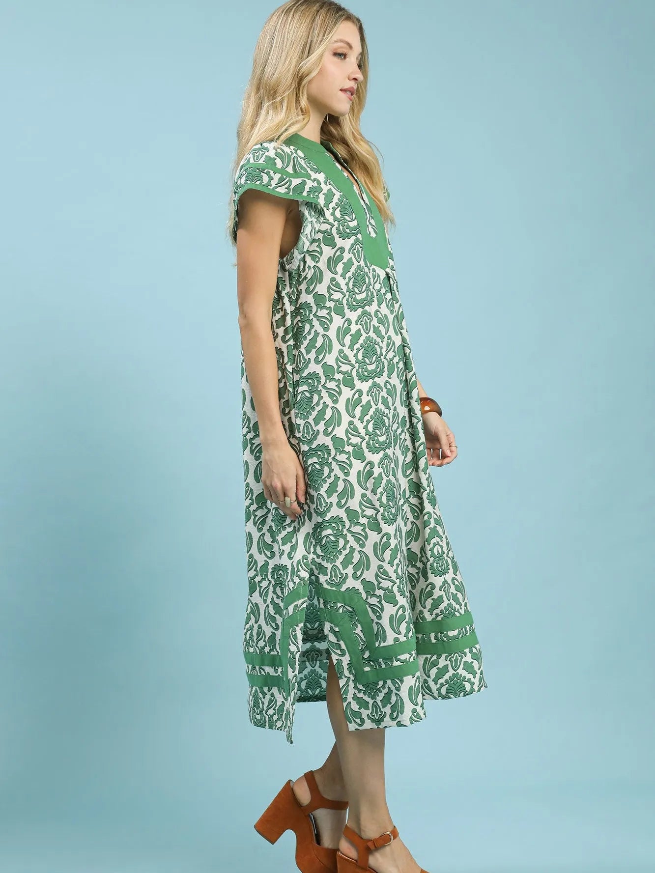 Umgee Green Mirage Abstract Two Tone Print Midi Dress-Women's Dresses-Shop Z & Joxa