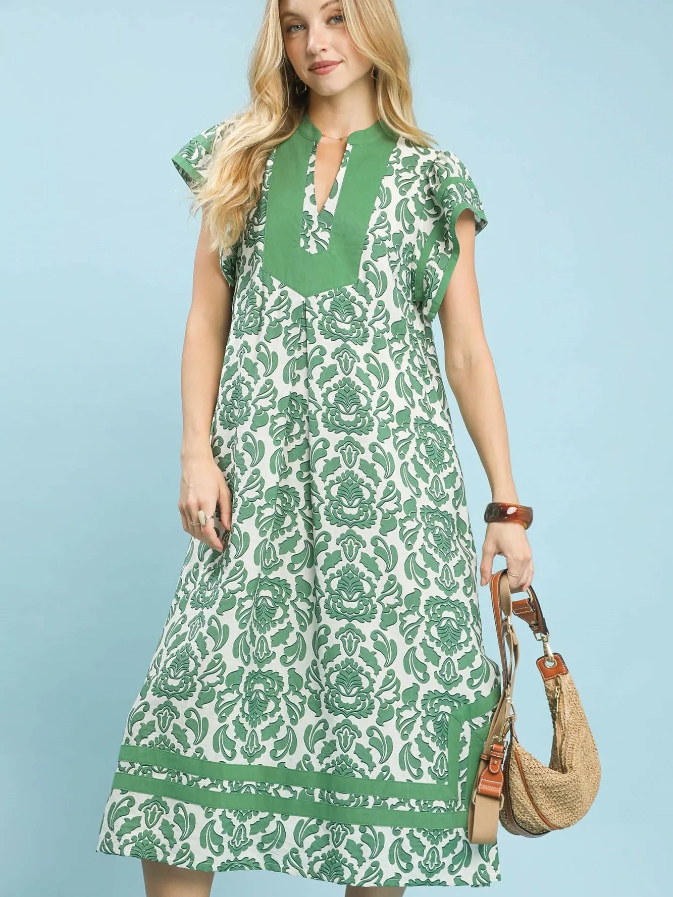 Umgee Green Mirage Abstract Two Tone Print Midi Dress-Women's Dresses-Shop Z & Joxa