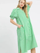 Umgee Harbour Breeze Green Stripe Midi Dress with Puff Sleeves-Women's Dresses-Shop Z & Joxa
